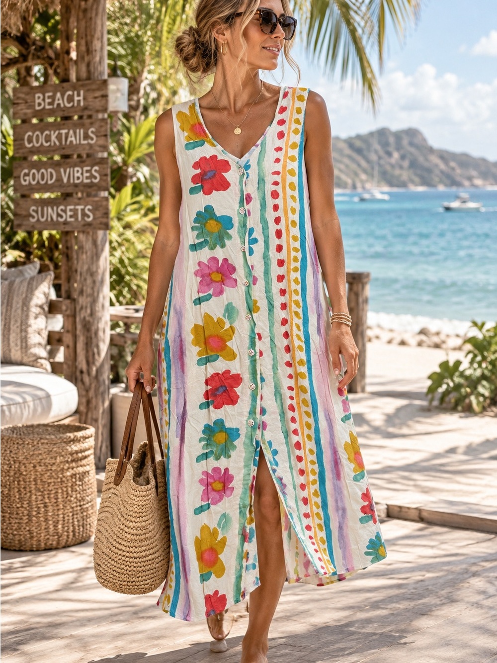 Jams World Floral Colorful Midi Button Down Dress